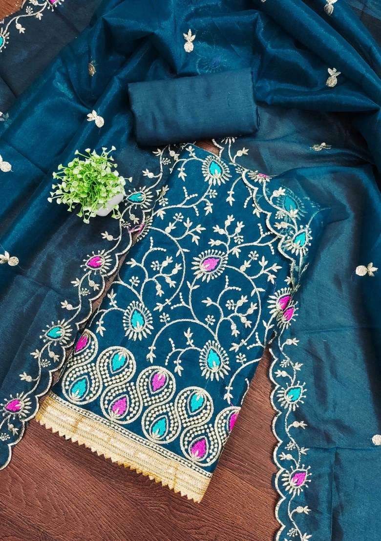 Teal Blue Embroidered Silk Blend Straight Kurta Set - Indya
