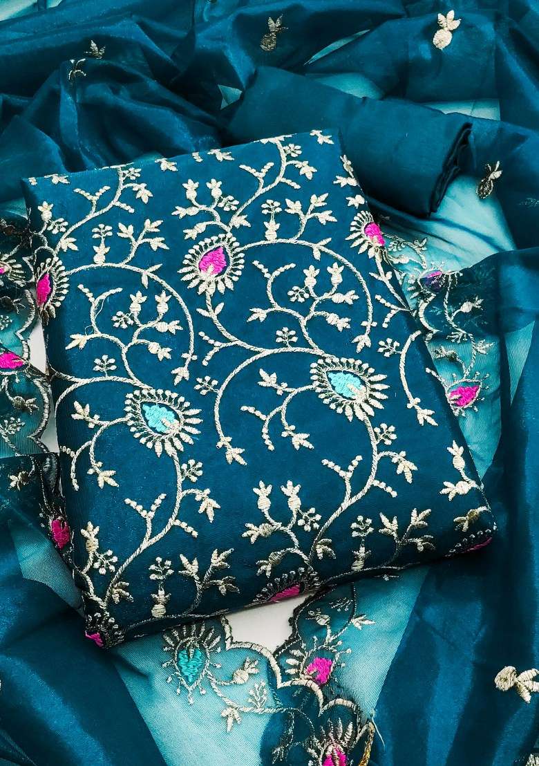 Teal Blue Embroidered Silk Blend Straight Kurta Set - Indya