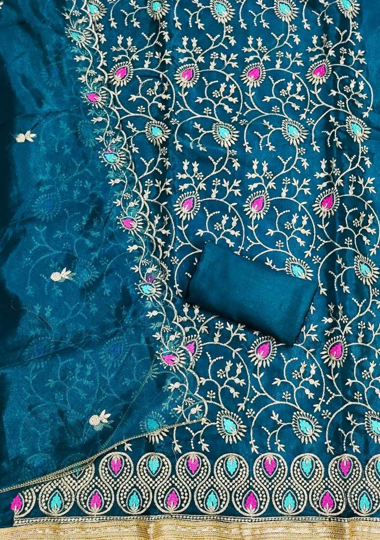 Teal Blue Embroidered Silk Blend Straight Kurta Set - Indya