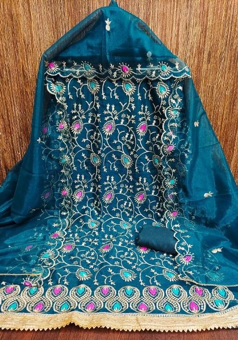 Teal Blue Embroidered Silk Straight Kurta Set