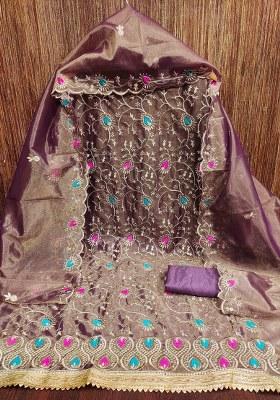 Voilet Embroidered Silk Dress Material