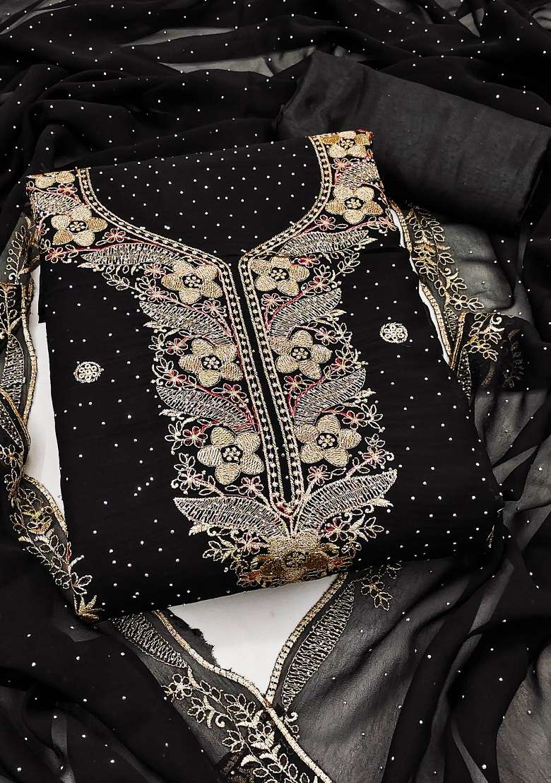 Black Embroidered Georgette Pakistani Suit Set - Indya