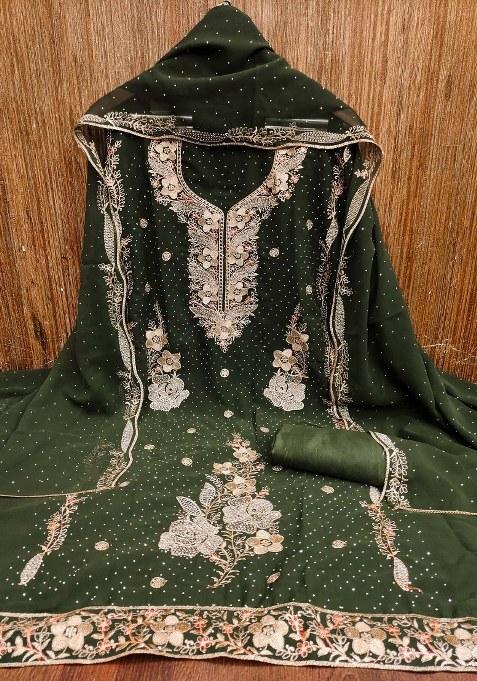 Olive Green Embroidered Georgette Pakistani Suit Set