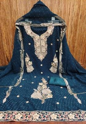 Teal Blue Embroidered Georgette Dress Material