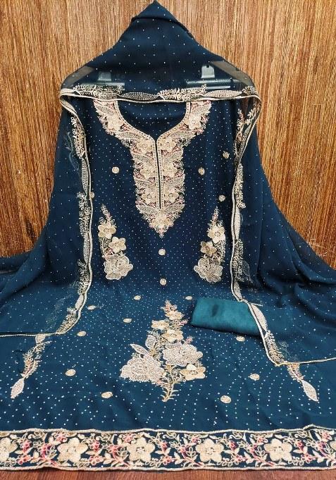 Teal Blue Embroidered Georgette Pakistani Suit Set