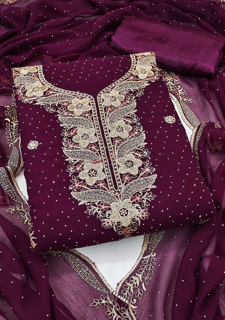 Voilet Embroidered Georgette Pakistani Suit Set - Indya