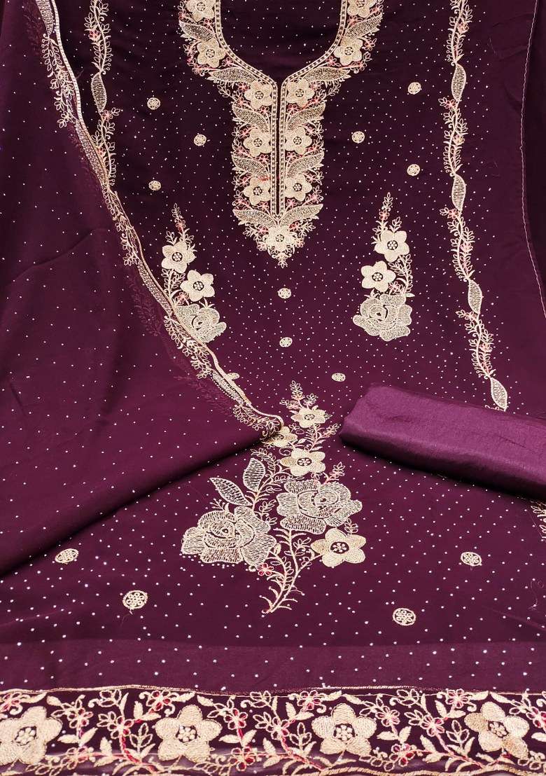 Voilet Embroidered Georgette Pakistani Suit Set - Indya