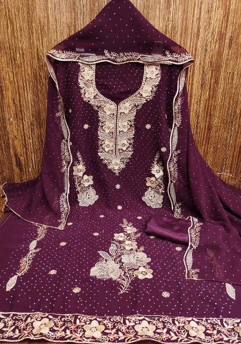 Voilet Embroidered Georgette Pakistani Suit Set