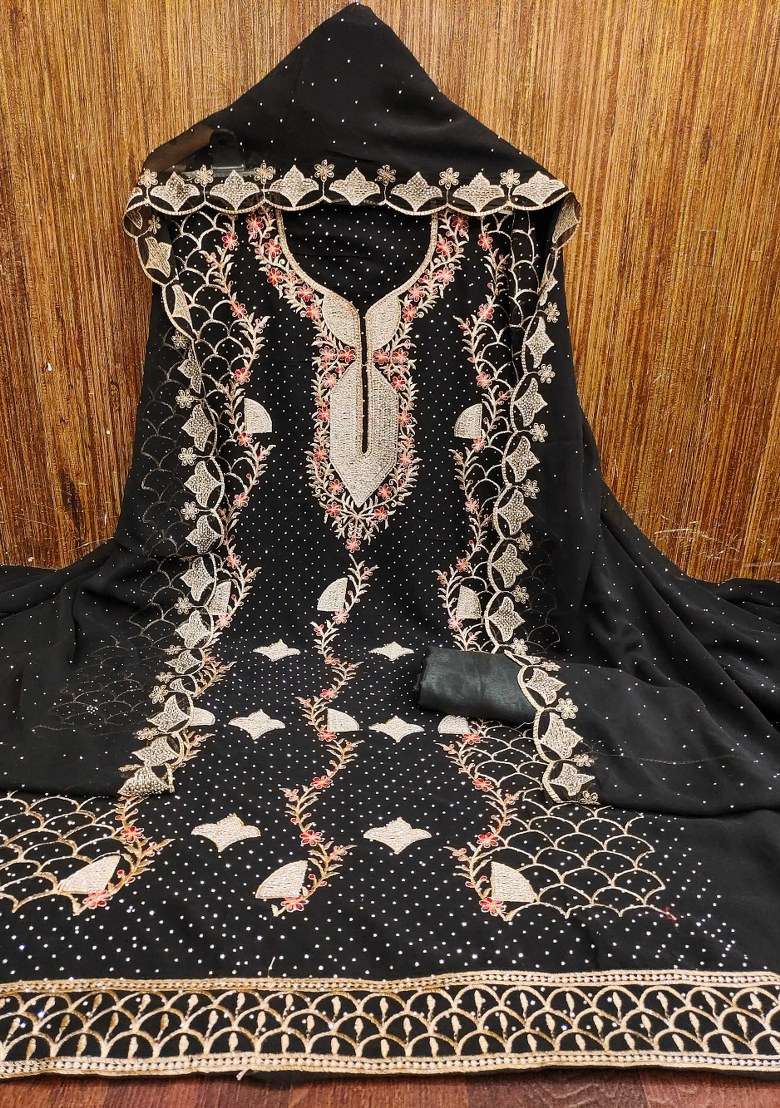 Black Embroidered Georgette Dress Material - Indya