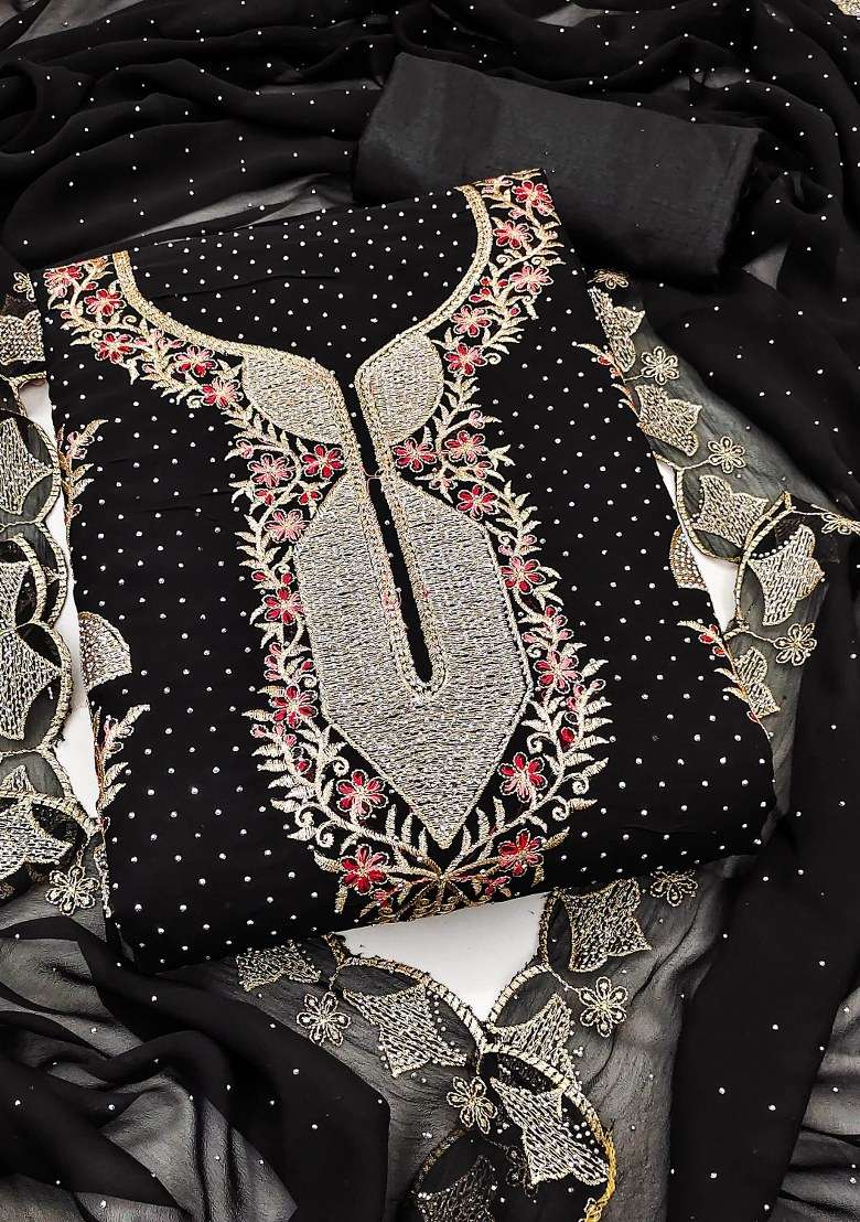 Black Embroidered Georgette Dress Material - Indya
