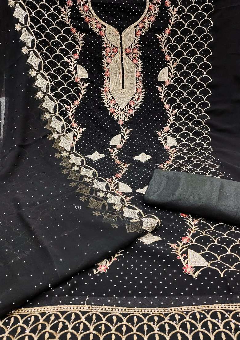 Black Embroidered Georgette Dress Material - Indya
