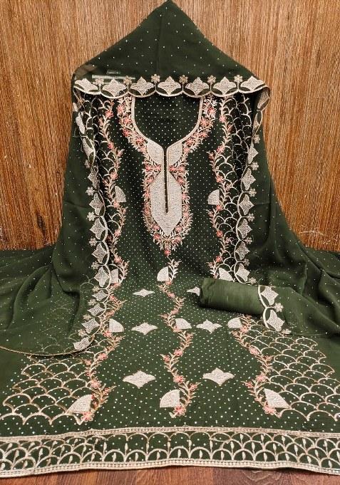 Olive Green Embroidered Georgette Pakistani Suit Set — view on Indya