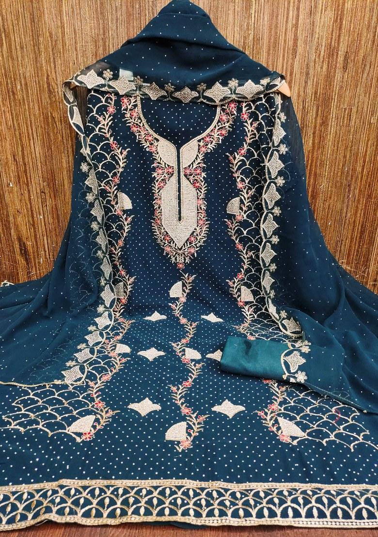 Teal Blue Embroidered Georgette Dress Material