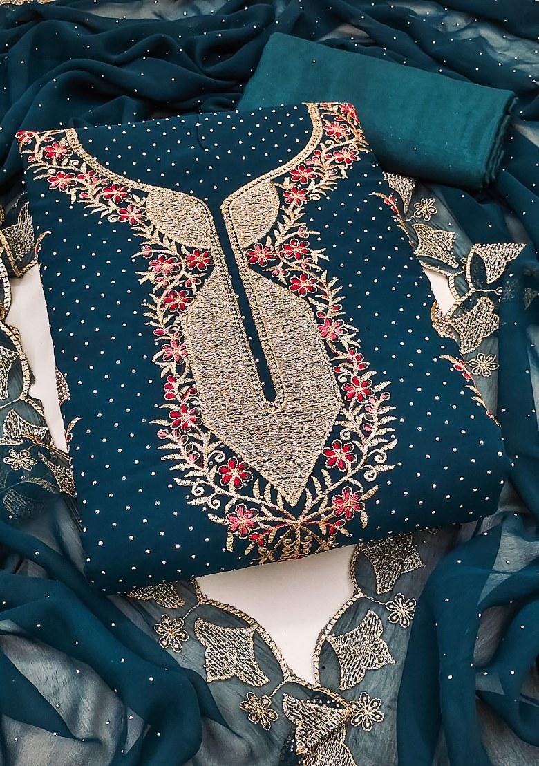 Teal Blue Embroidered Georgette Dress Material