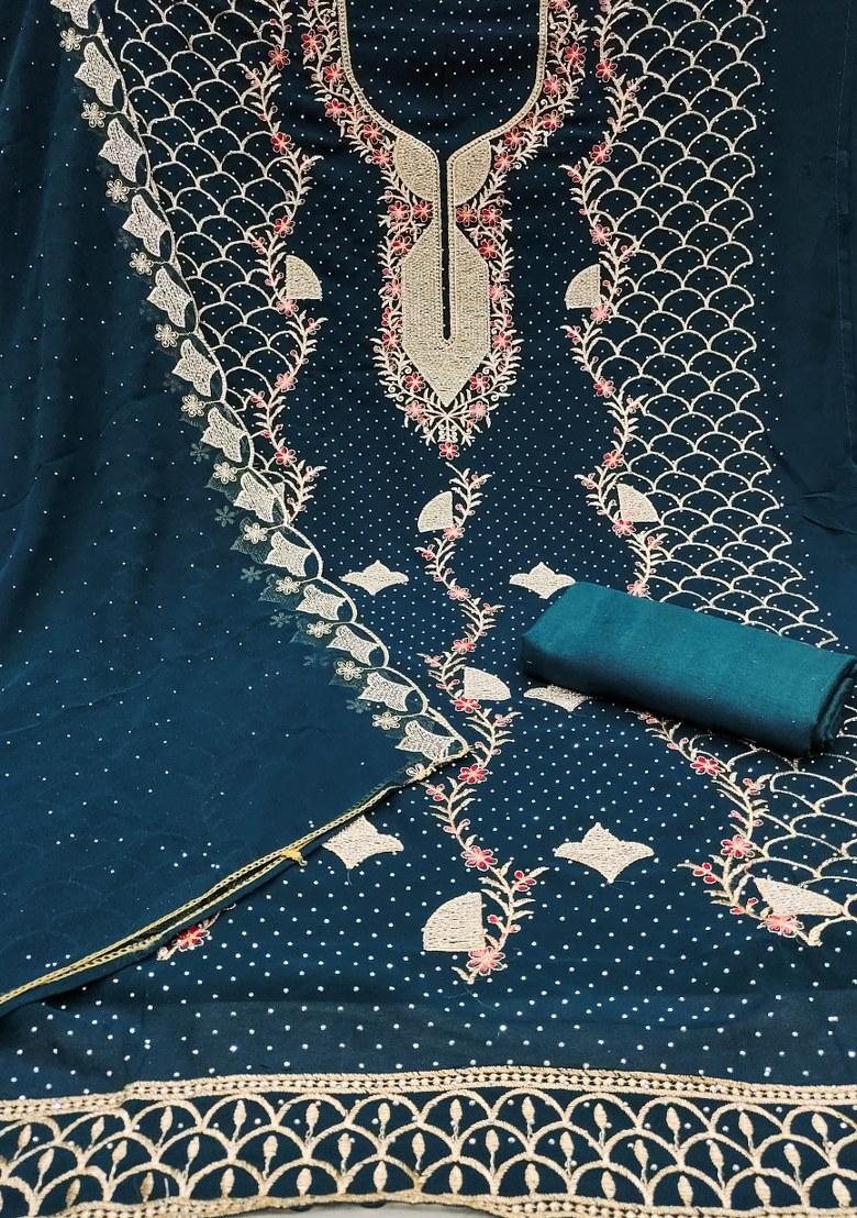 Teal Blue Embroidered Georgette Dress Material