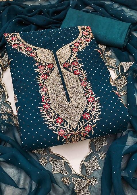 Teal Blue Embroidered Georgette Dress Material