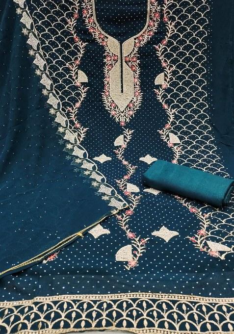 Teal Blue Embroidered Georgette Dress Material