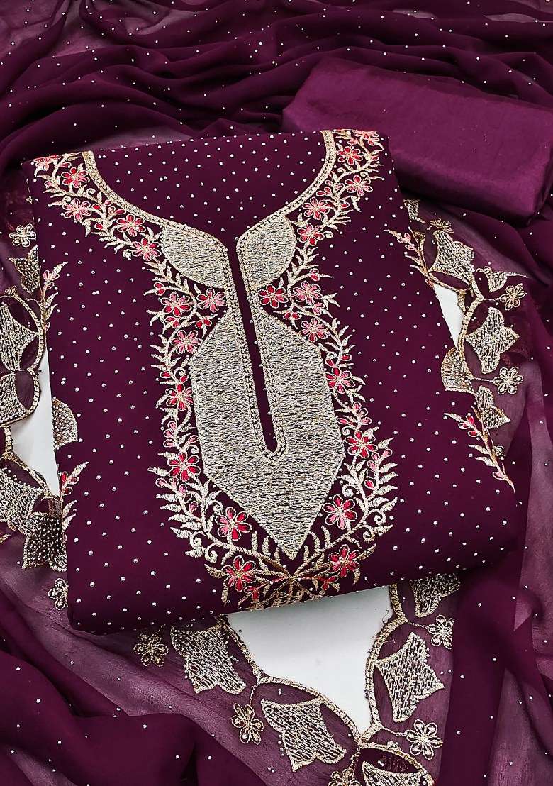 Voilet Embroidered Georgette Pakistani Suit Set - Indya