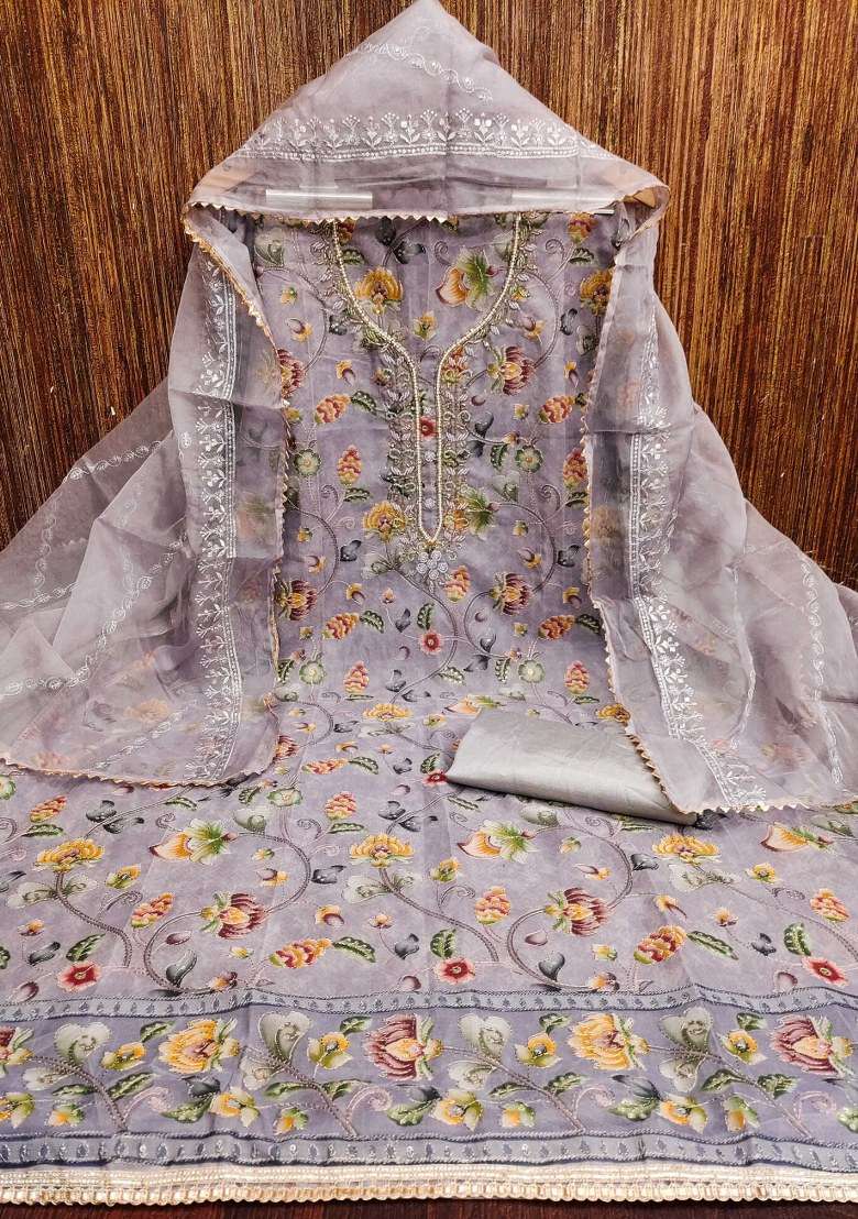 Grey Embroidered Oragnza Dress Material - Indya