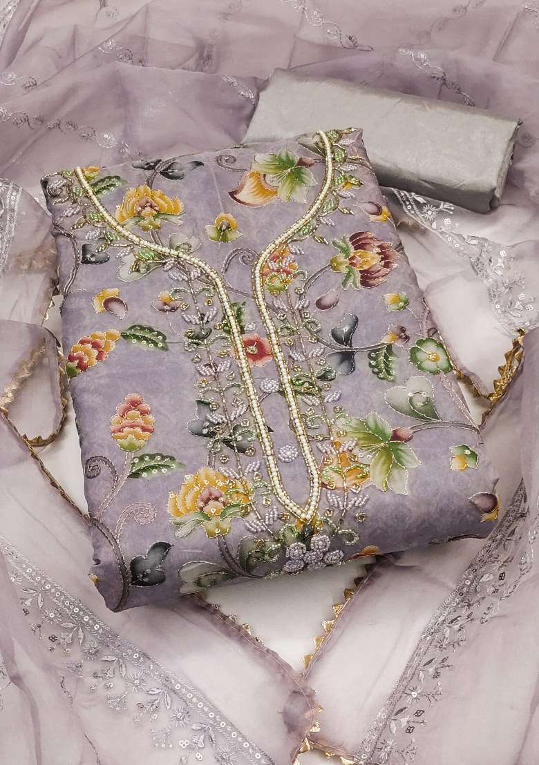 Grey Embroidered Oragnza Dress Material - Indya
