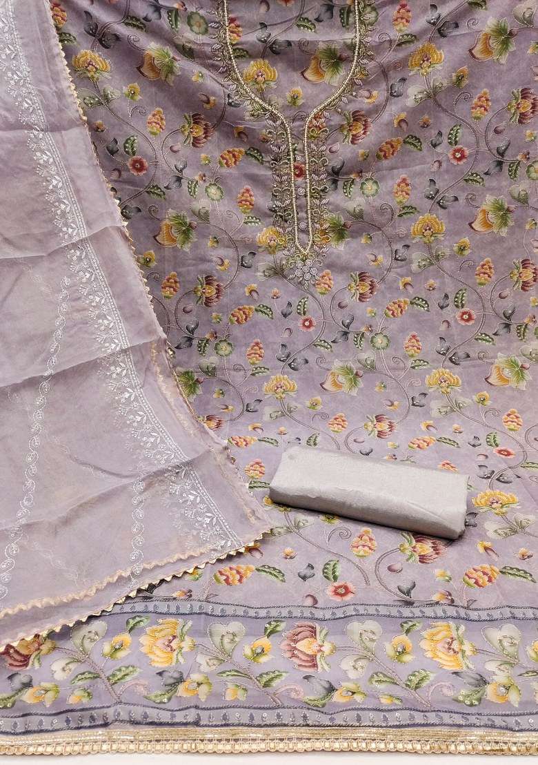 Grey Embroidered Oragnza Dress Material - Indya