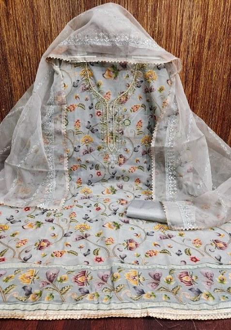 Light Grey Embroidered Oragnza Dress Material