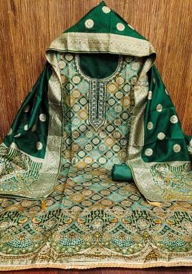 Green Embroidered Jacquard Dress Material