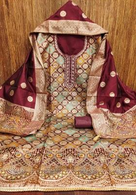 Maroon Embroidered Jacquard Dress Material