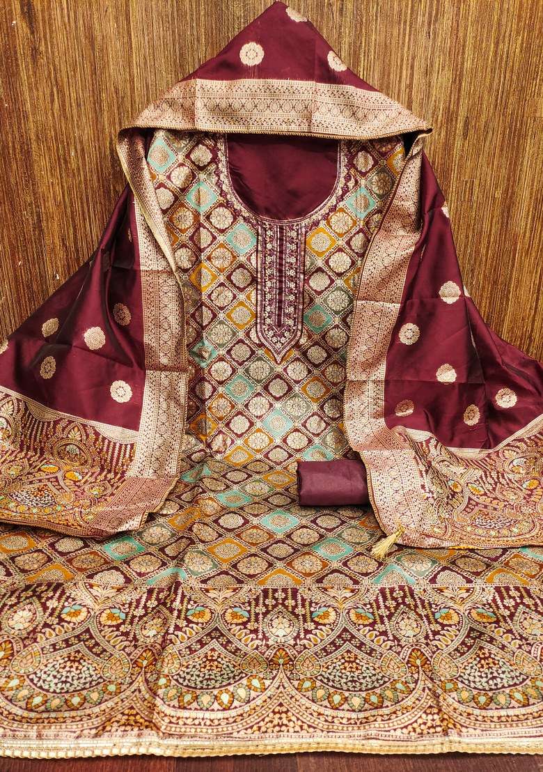 Maroon Jacquard Jacquard Punjabi Suit - Indya