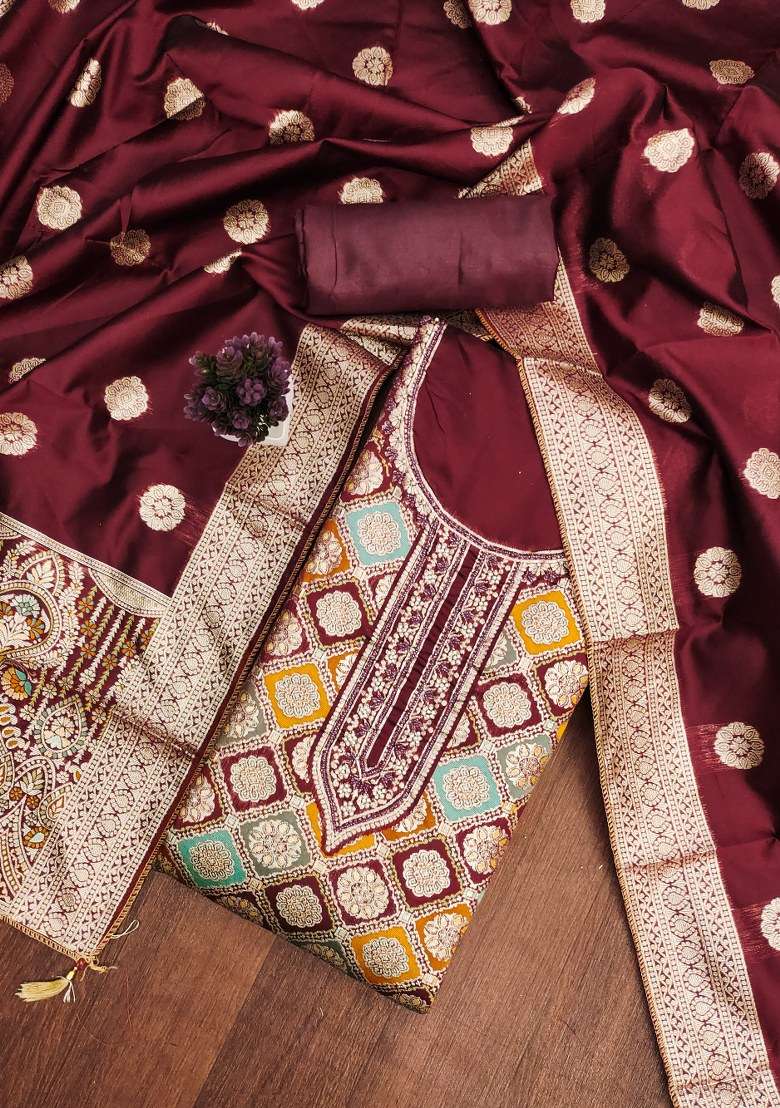 Maroon Jacquard Jacquard Punjabi Suit - Indya