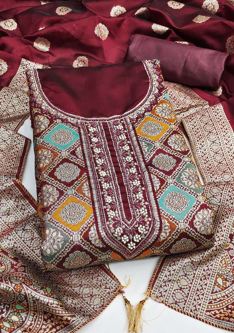 Maroon Jacquard Jacquard Punjabi Suit - Indya