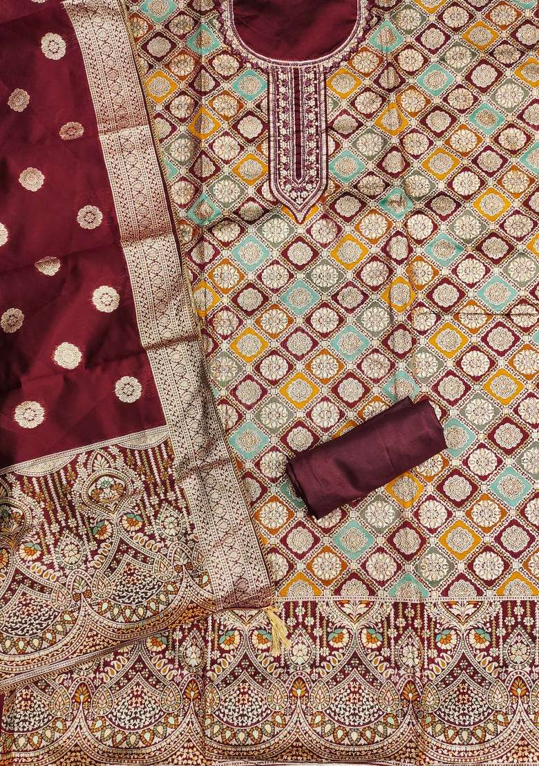 Maroon Jacquard Jacquard Punjabi Suit - Indya