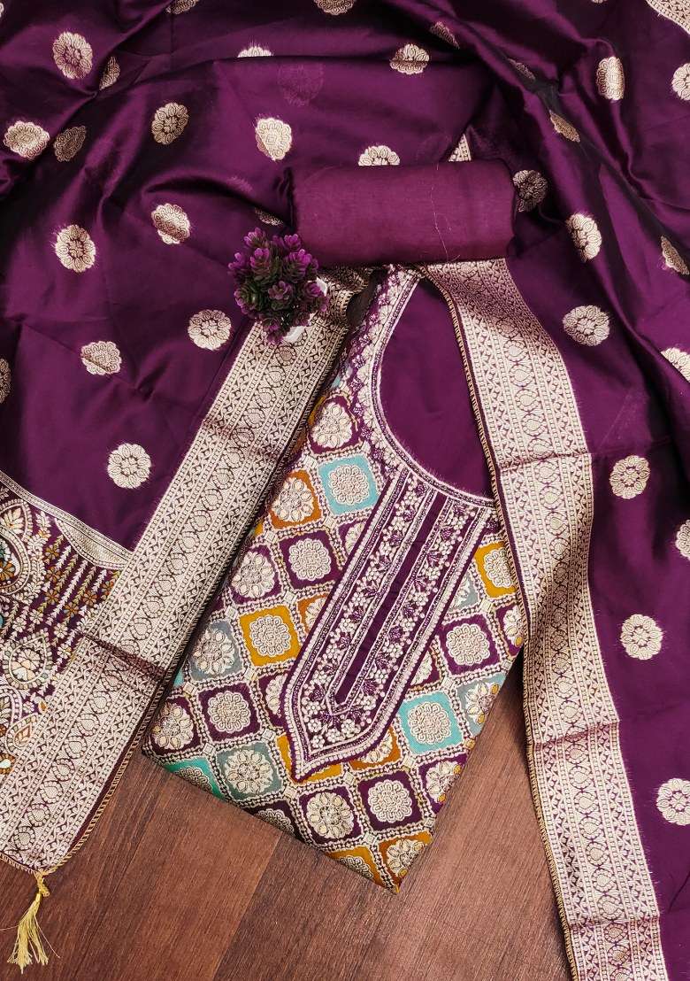 Purple Jacquard Jacquard Pakistani Suit Set - Indya