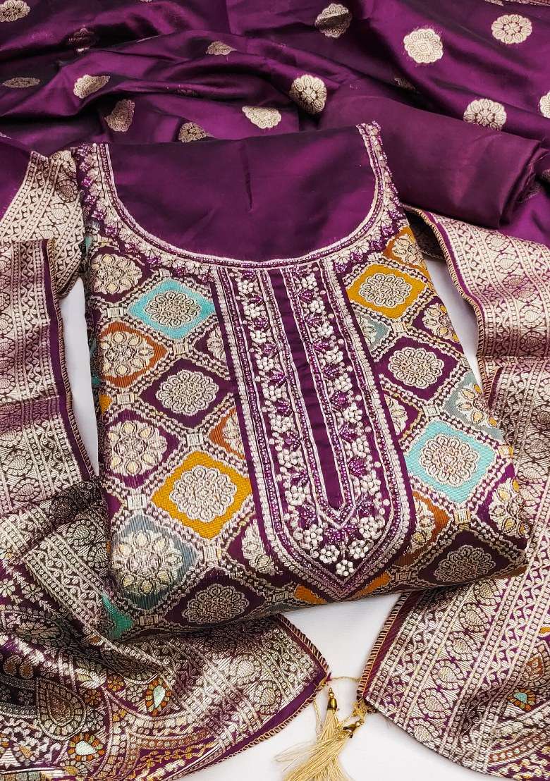 Purple Jacquard Jacquard Pakistani Suit Set - Indya