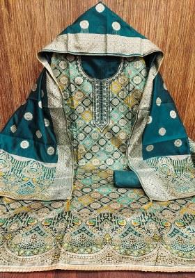 Sea Green Embroidered Jacquard Dress Material