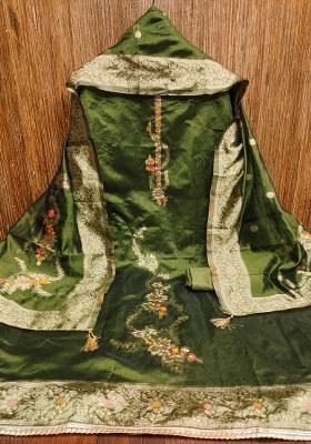 Green Embroidered Jacquard Dress Material