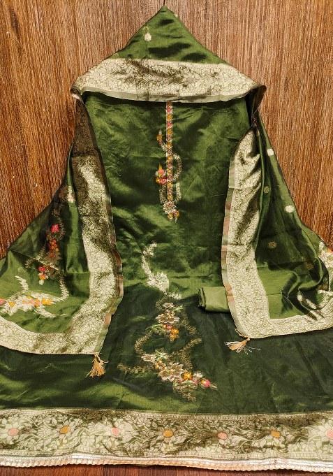 Green Embroidered Jacquard Straight Kurta Set