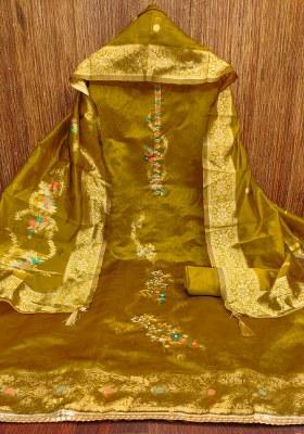 Mehandi Embroidered Jacquard Dress Material