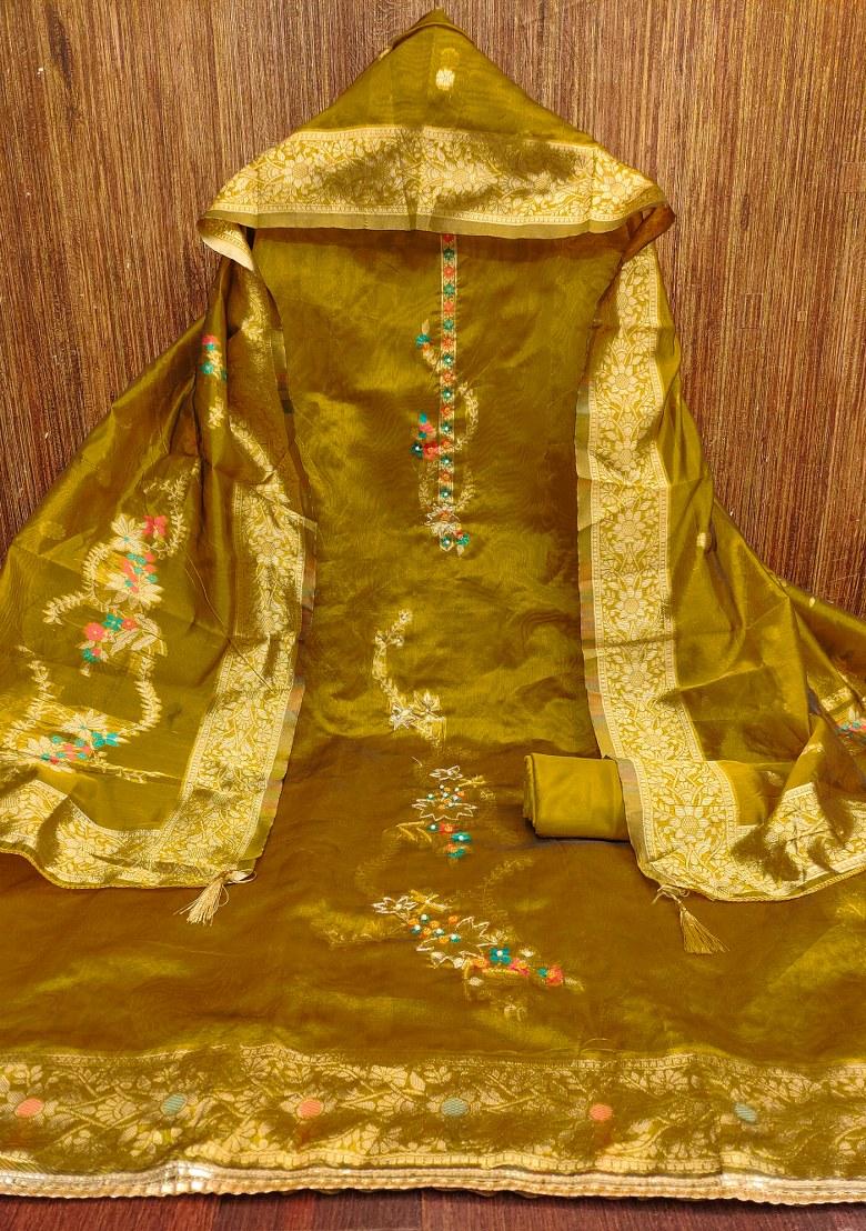 Mehandi Embroidered Jacquard Dress Material