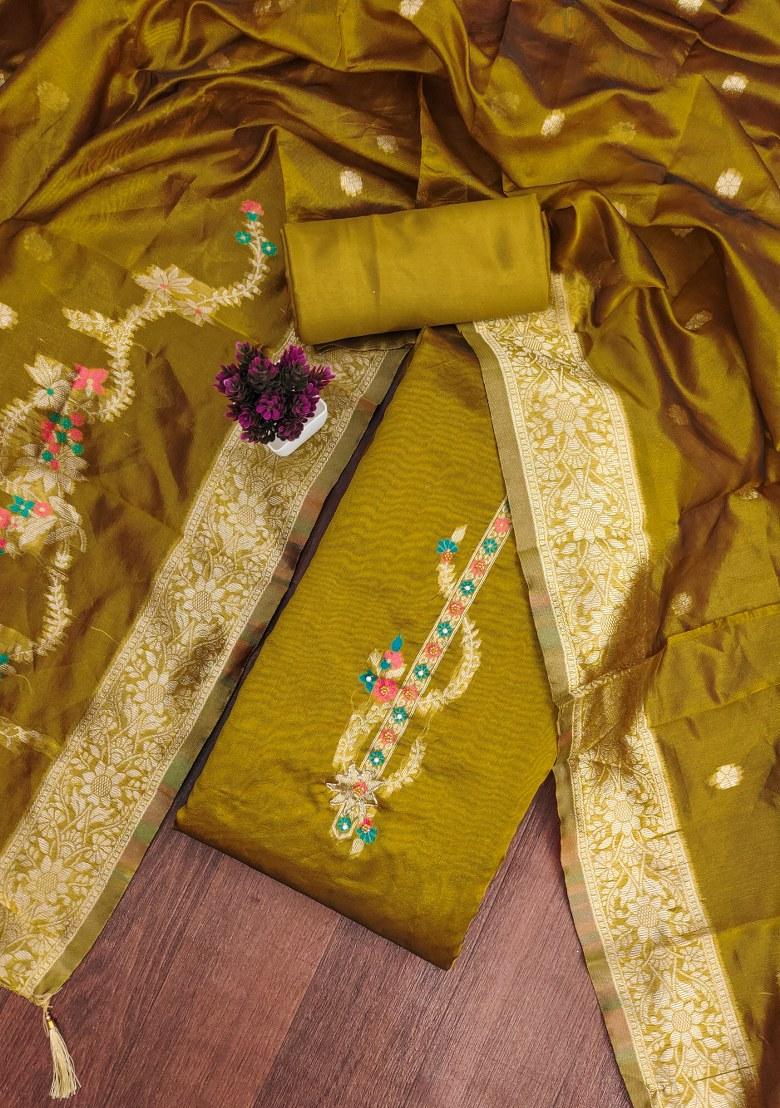 Mehandi Embroidered Jacquard Dress Material