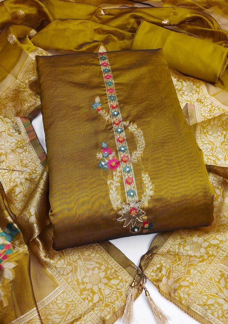 Mehandi Embroidered Jacquard Dress Material