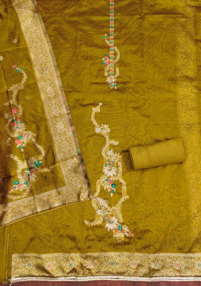 Mehandi Embroidered Jacquard Dress Material