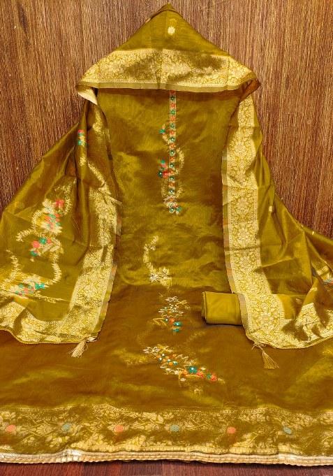 Mehandi Embroidered Jacquard Dress Material