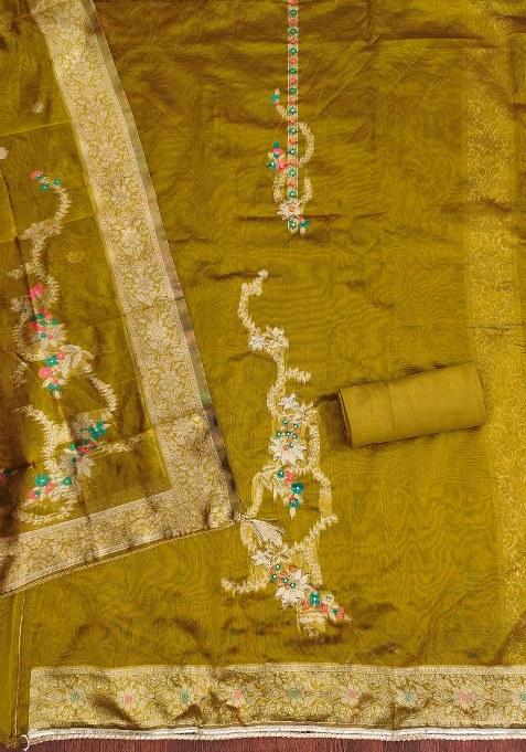 Mehandi Embroidered Jacquard Dress Material