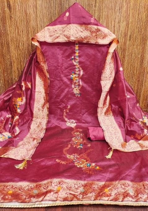 Pink Embroidered Jacquard Straight Kurta Set