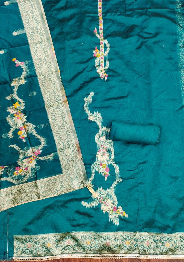 Sea Green Embroidered Jacquard Dress Material