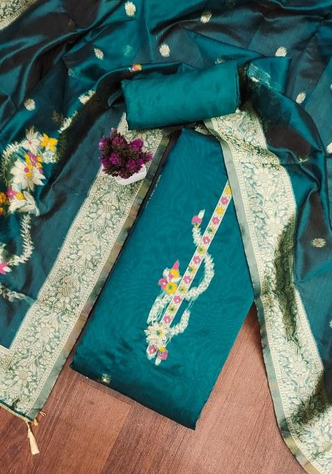 Sea Green Embroidered Jacquard Dress Material