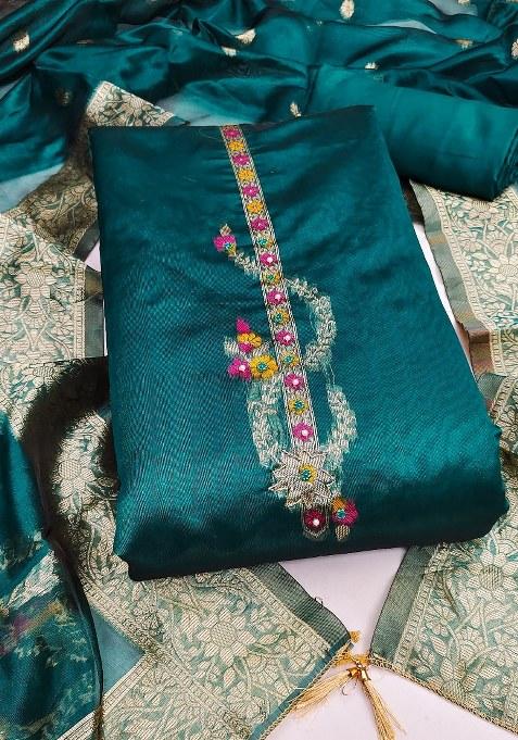 Sea Green Embroidered Jacquard Dress Material