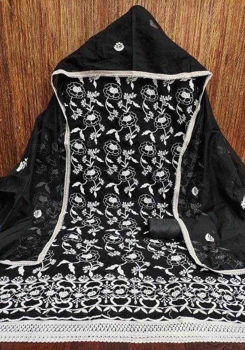 Black Embroidered Cotton Blend Dress Material