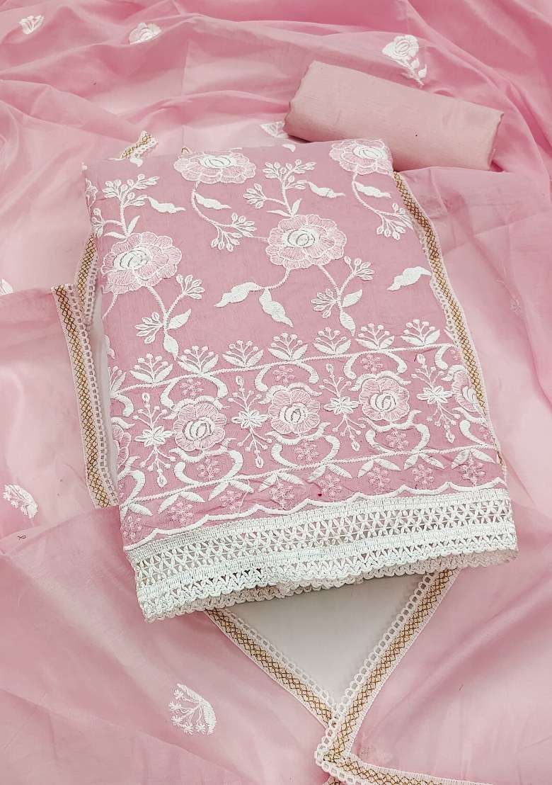 Baby Pink Chikankari Cotton Straight Kurta Set - Indya